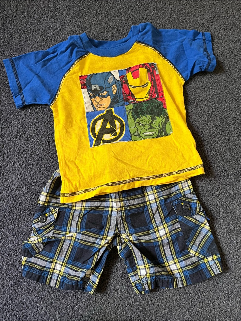 Marvel Yellow & Blue Avengers Tee with Plaid Shorts